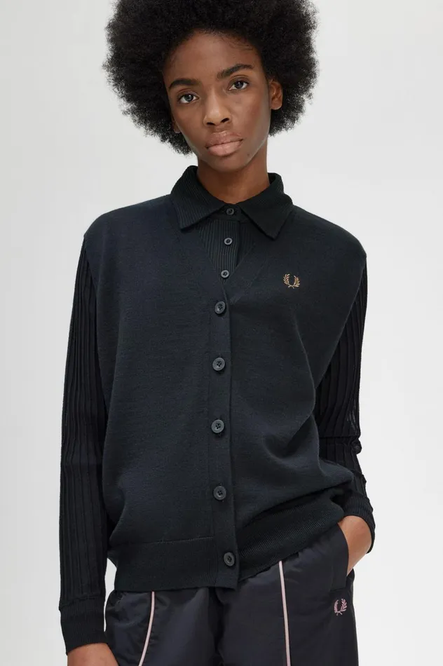 Women Sheer Sleeve Cardigan Black Fred Perry Knitwear