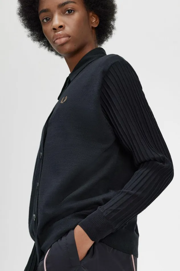Women Sheer Sleeve Cardigan Black Fred Perry Knitwear