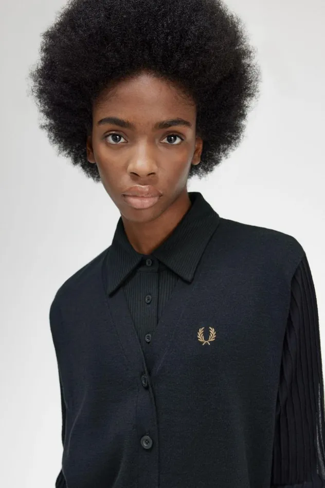 Women Sheer Sleeve Cardigan Black Fred Perry Knitwear