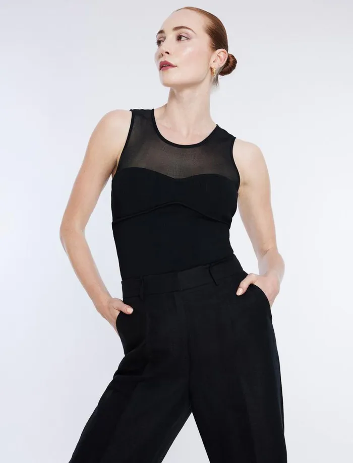 Women Sheer Yoke Knit Top Black BCBG Tops