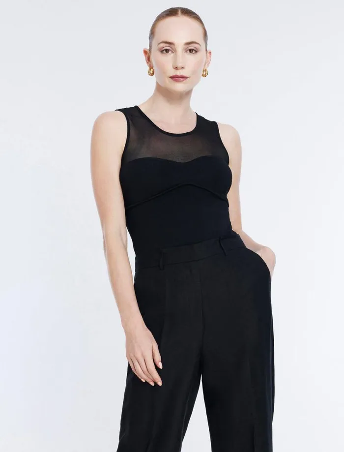 Women Sheer Yoke Knit Top Black BCBG Tops Women Sheer Yoke Knit Top Black BCBG Tops