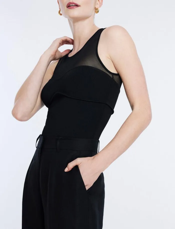 Women Sheer Yoke Knit Top Black BCBG Tops Women Sheer Yoke Knit Top Black BCBG Tops