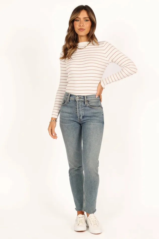 Women Stacie Ribbed Knit Top Beige Stripe Tops Petal and Pup