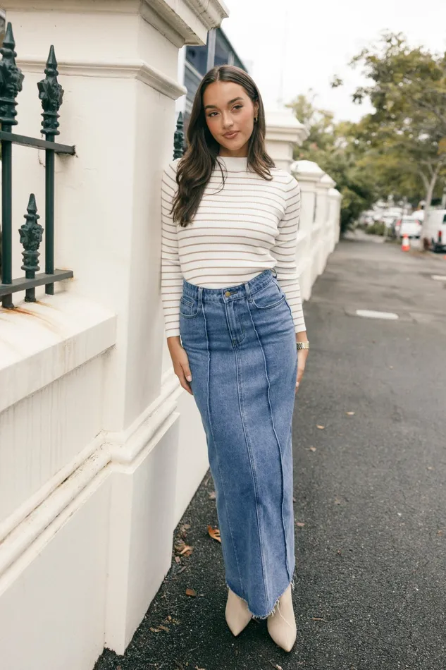 Women Stacie Ribbed Knit Top Beige Stripe Tops Petal and Pup