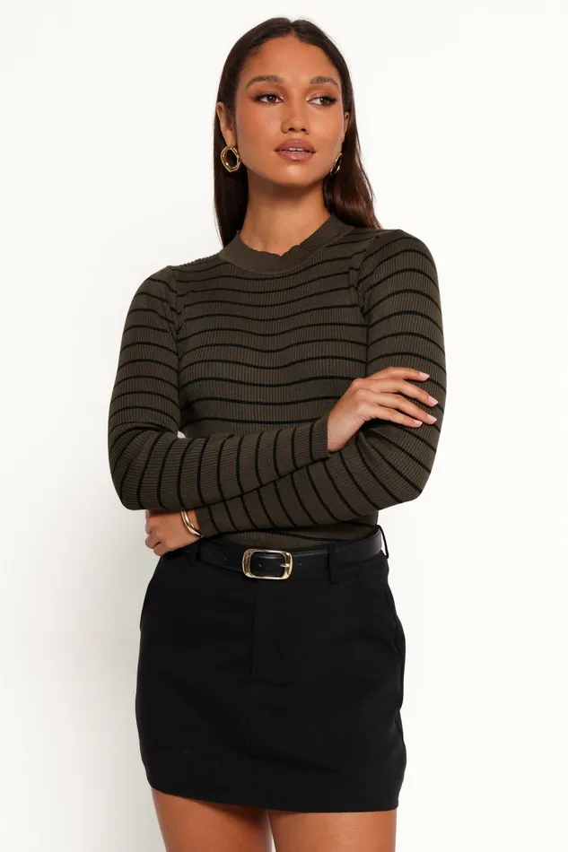 Women Stacie Ribbed Knit Top Olive Stripe Tops Petal and Pup