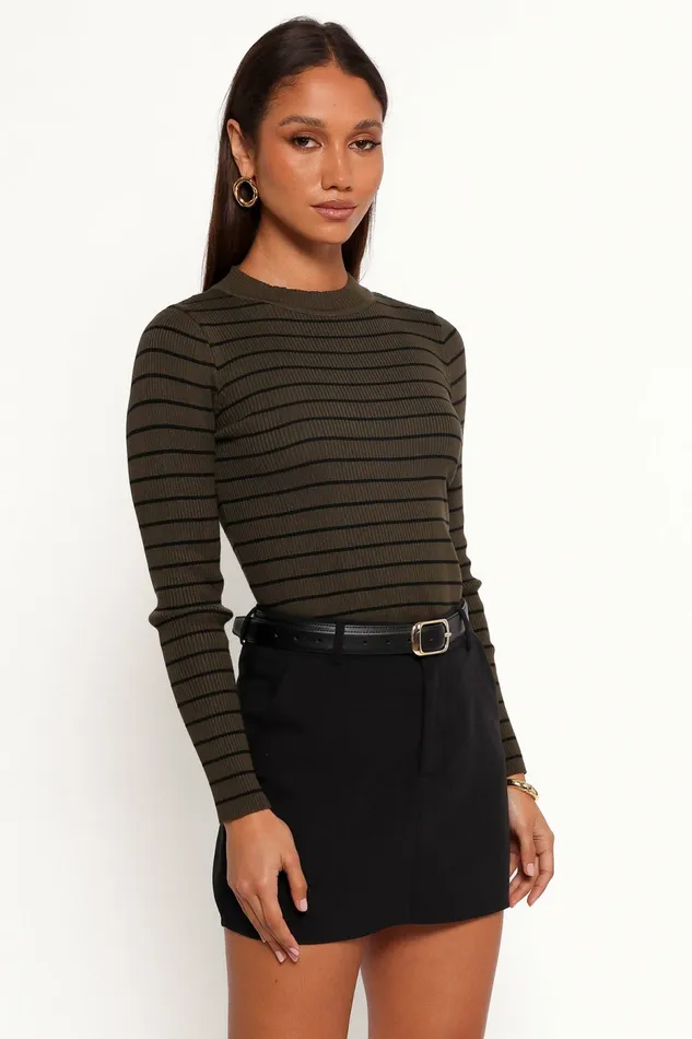 Women Stacie Ribbed Knit Top Olive Stripe Tops Petal and Pup