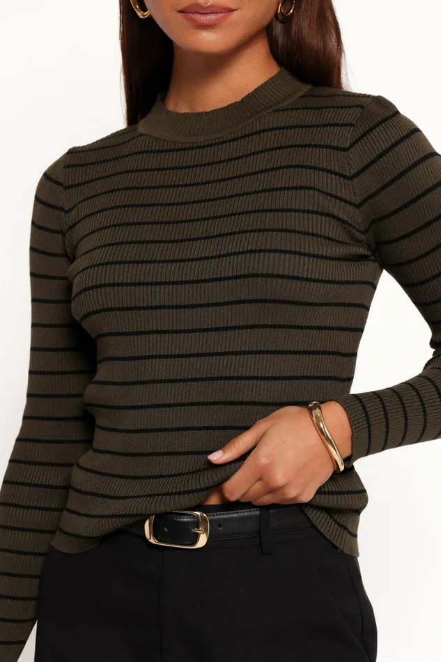 Women Stacie Ribbed Knit Top Olive Stripe Tops Petal and Pup