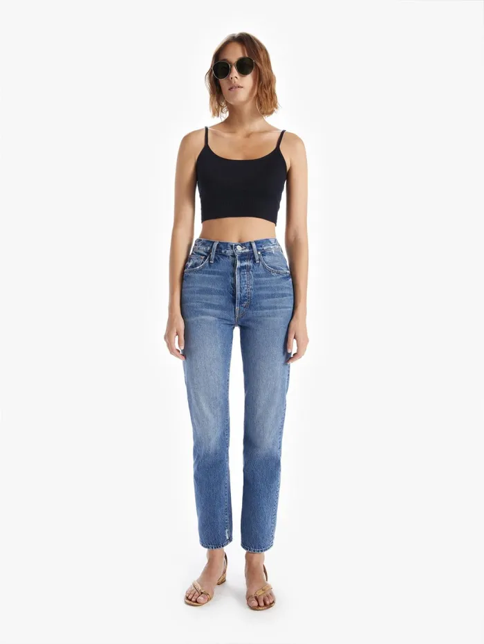 Women Straight Mother Denim High Waisted Hiker Hover Medium Blue