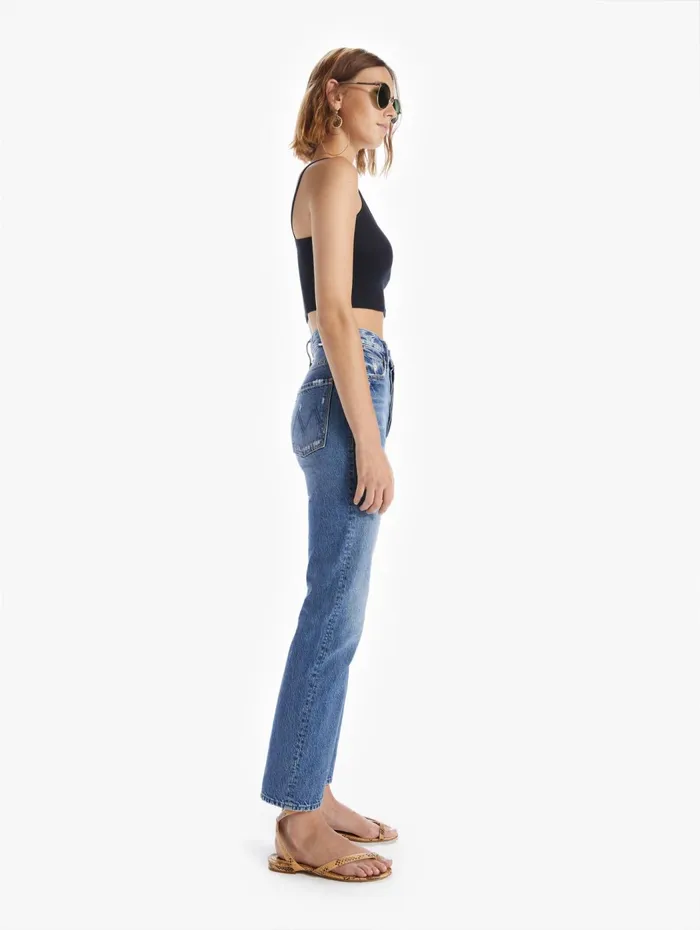 Women Straight Mother Denim High Waisted Hiker Hover Medium Blue