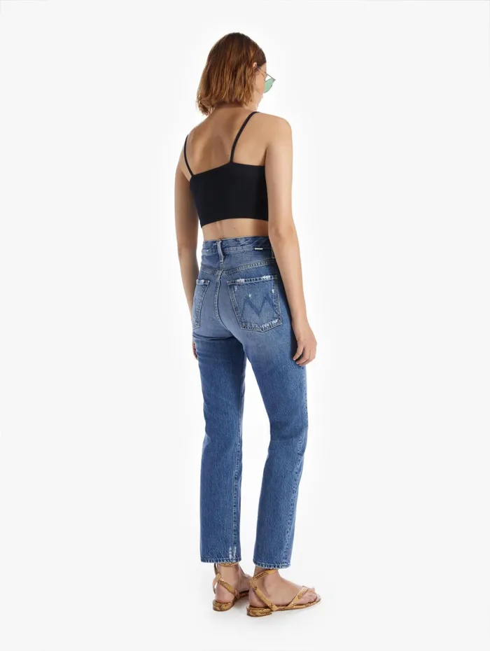 Women Straight Mother Denim High Waisted Hiker Hover Medium Blue