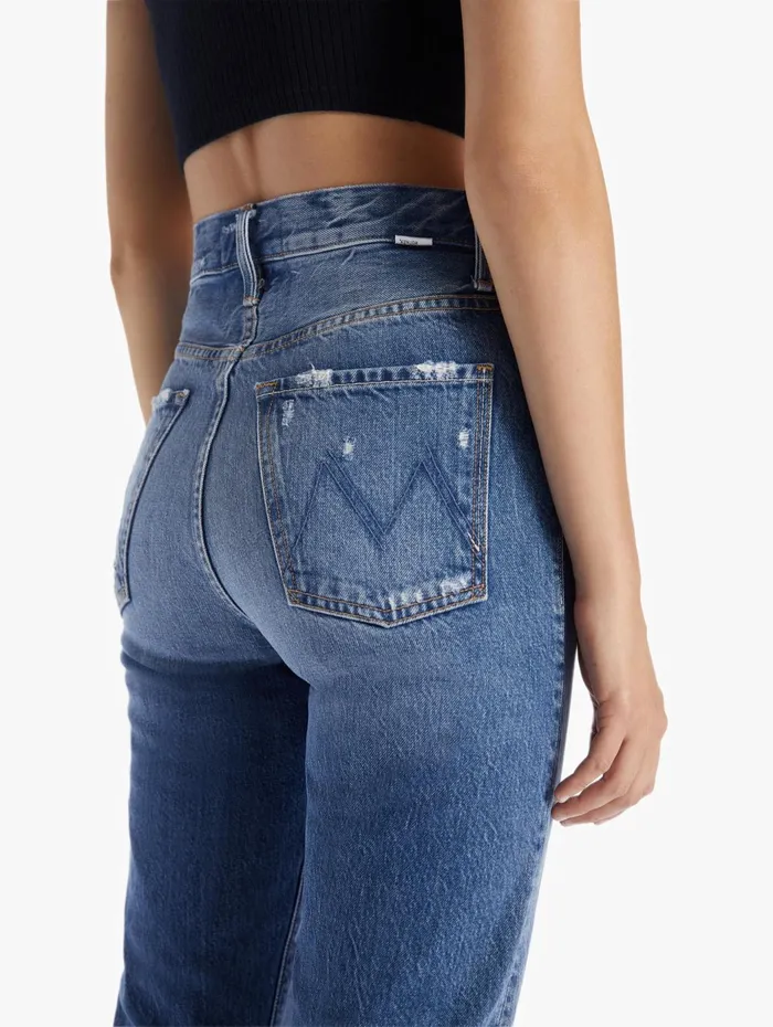 Women Straight Mother Denim High Waisted Hiker Hover Medium Blue