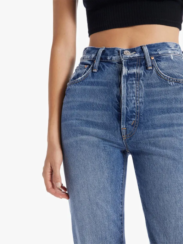 Women Straight Mother Denim High Waisted Hiker Hover Medium Blue