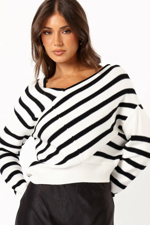 Women Sweaters Petal and Pup Lynette Criss Cross Stripe Sweater BlackWhite