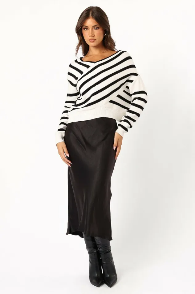 Women Sweaters Petal and Pup Lynette Criss Cross Stripe Sweater BlackWhite