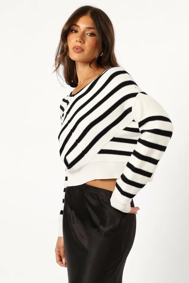 Women Sweaters Petal and Pup Lynette Criss Cross Stripe Sweater BlackWhite