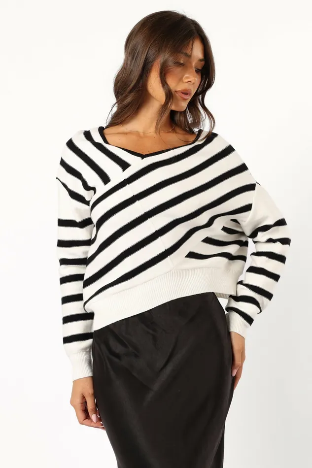 Women Sweaters Petal and Pup Lynette Criss Cross Stripe Sweater BlackWhite