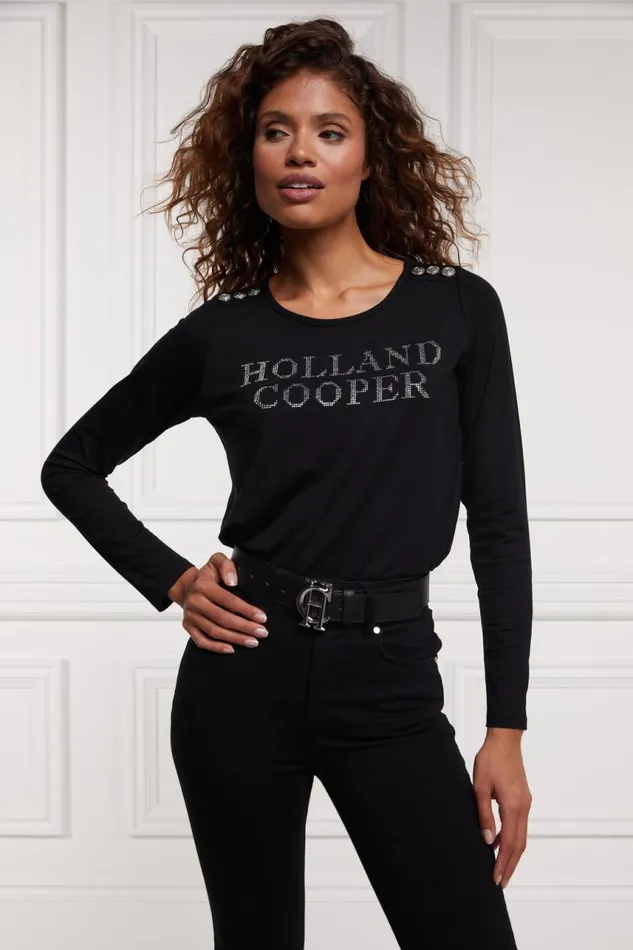 Women Tees Holland Cooper Diamante Long Sleeve Crew Neck Tee Black Silver