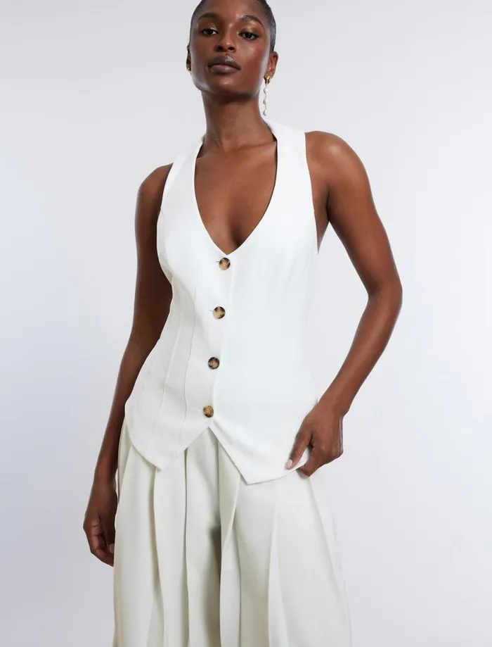 Women TieBack Buttoned Vest Top Gardenia BCBG Tops Women TieBack Buttoned Vest Top Gardenia BCBG Tops