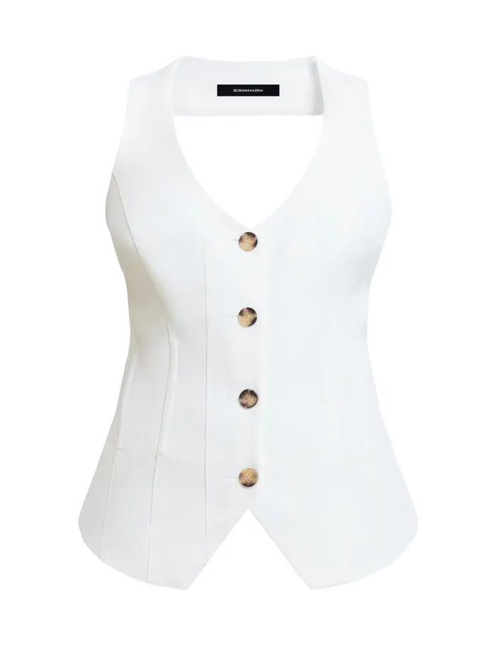 Women TieBack Buttoned Vest Top Gardenia BCBG Tops Women TieBack Buttoned Vest Top Gardenia BCBG Tops