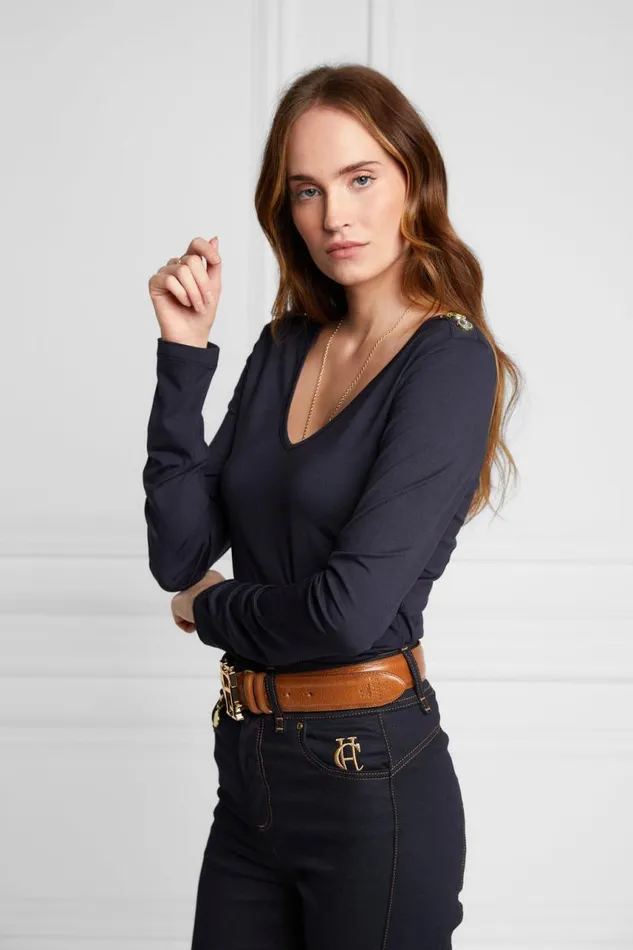 Women Tops Holland Cooper Long Sleeve VNeck Tee Ink Navy