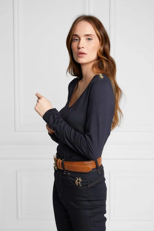 Women Tops Holland Cooper Long Sleeve VNeck Tee Ink Navy