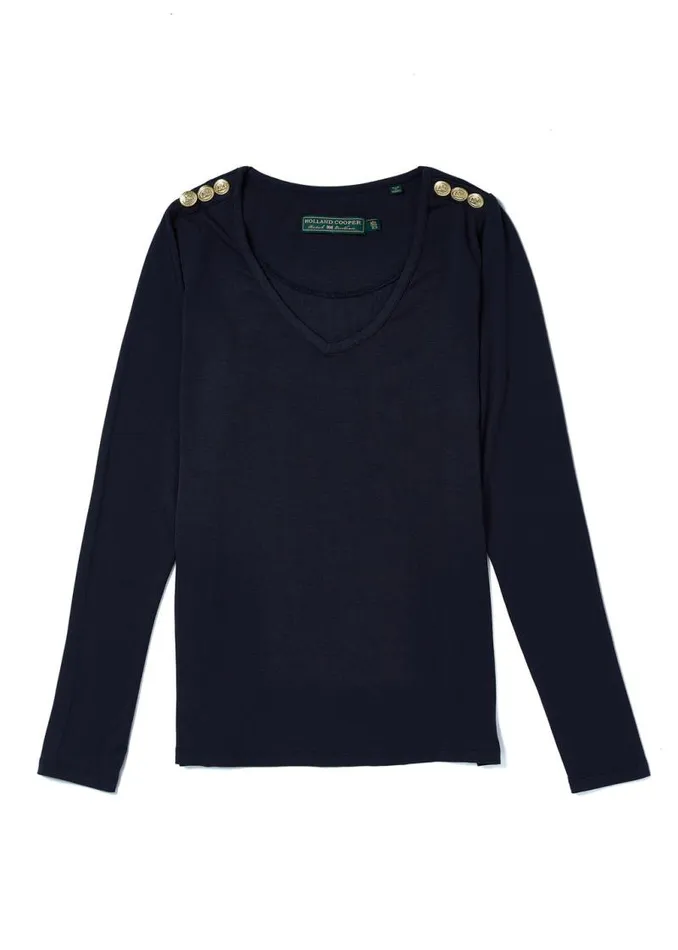 Women Tops Holland Cooper Long Sleeve VNeck Tee Ink Navy