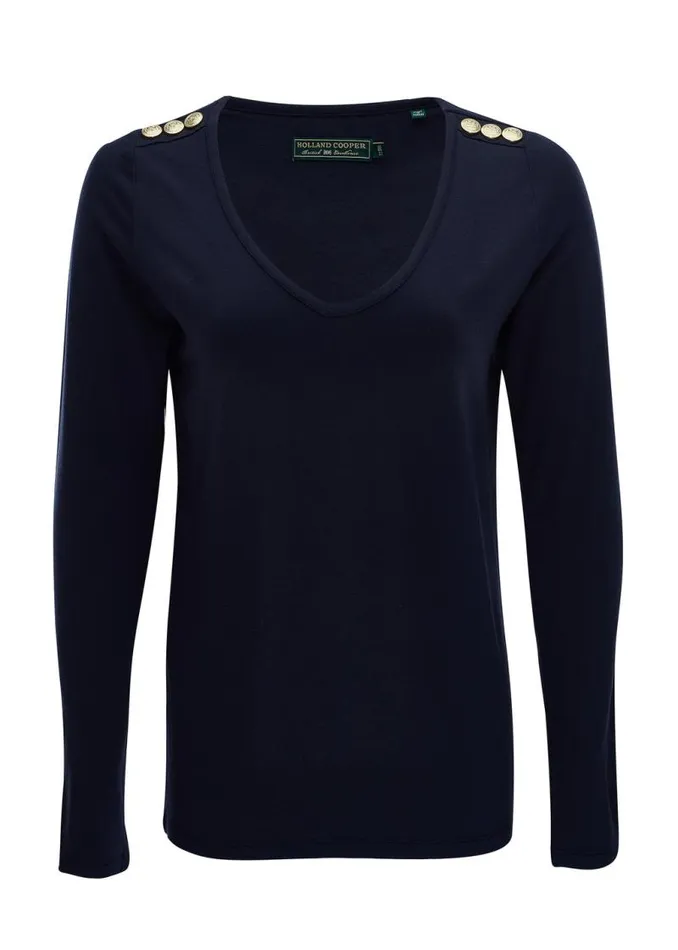 Women Tops Holland Cooper Long Sleeve VNeck Tee Ink Navy