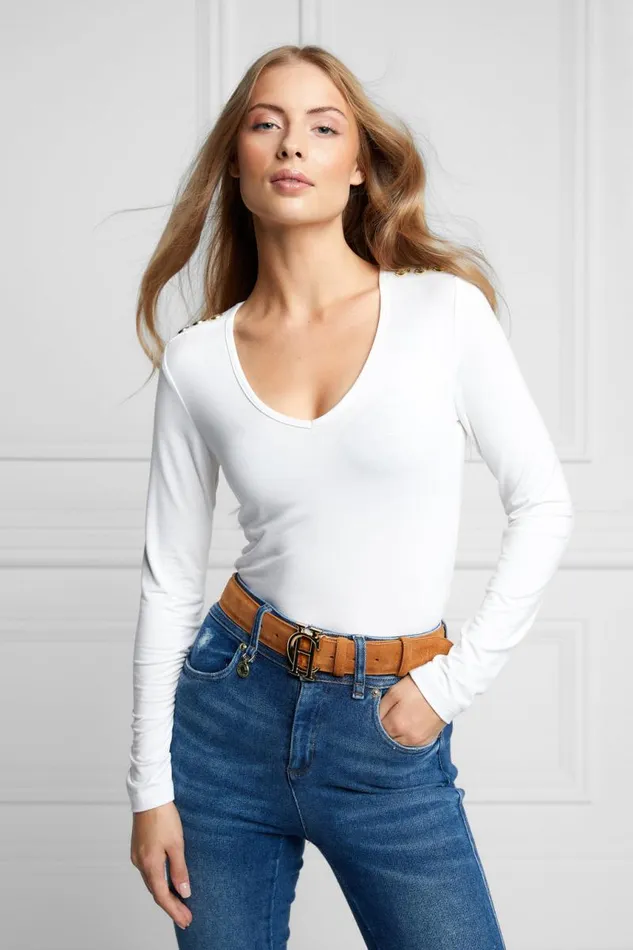 Women Tops Holland Cooper Long Sleeve VNeck Tee White
