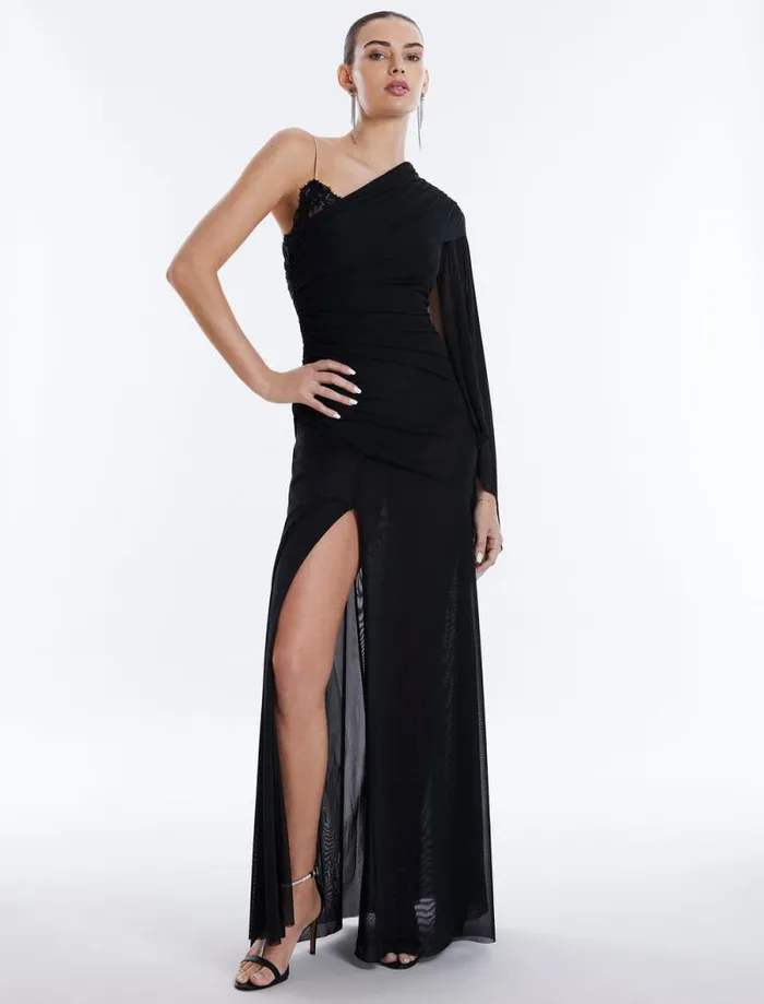 Women Ularia One Sleeve Evening Gown Black Combo BCBG Dresses