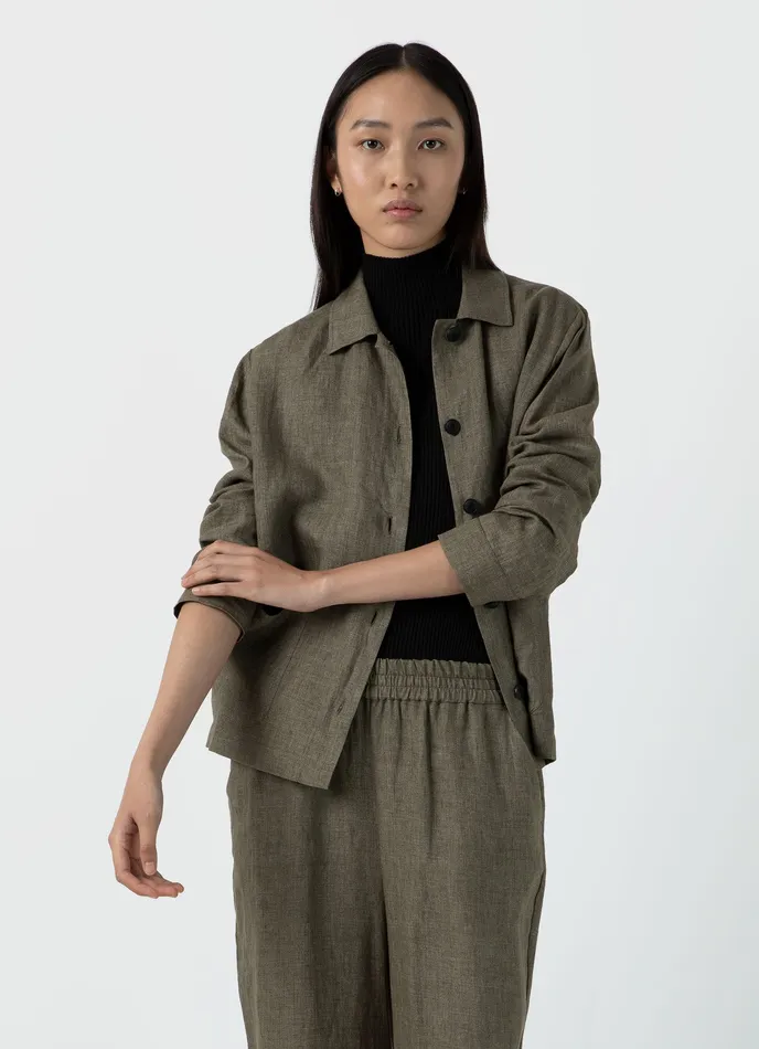 Women ussunspel Linen Twin Pocket Jacket Khaki Jackets and Coats