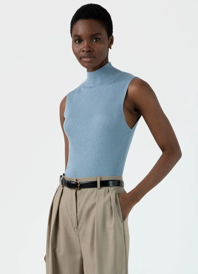 Women ussunspel Mulberry Silk Rib Vest Jumper Light Blue Knitwear
