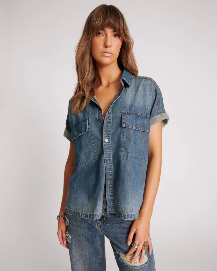 Women USED BLUE CUT OFF DENIM SHIRT One Teaspoon Denim Tops