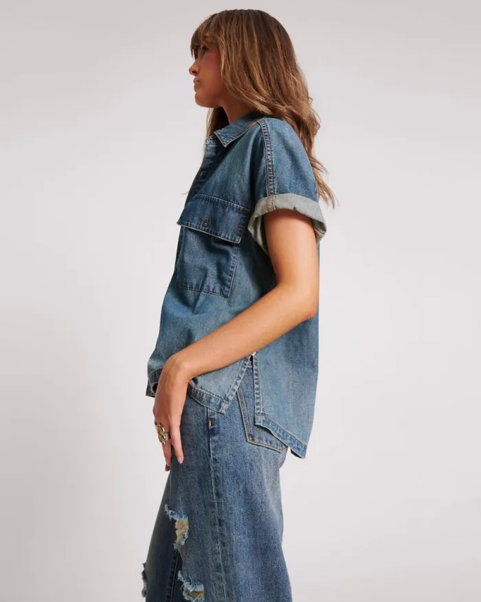 Women USED BLUE CUT OFF DENIM SHIRT One Teaspoon Denim Tops Women USED BLUE CUT OFF DENIM SHIRT One Teaspoon Denim Tops
