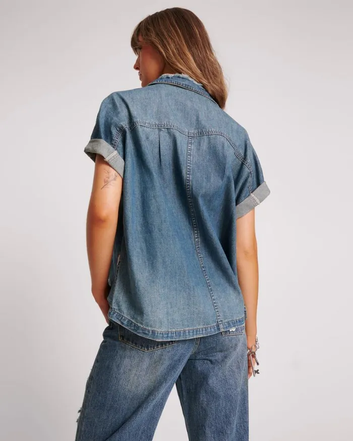 Women USED BLUE CUT OFF DENIM SHIRT One Teaspoon Denim Tops Women USED BLUE CUT OFF DENIM SHIRT One Teaspoon Denim Tops