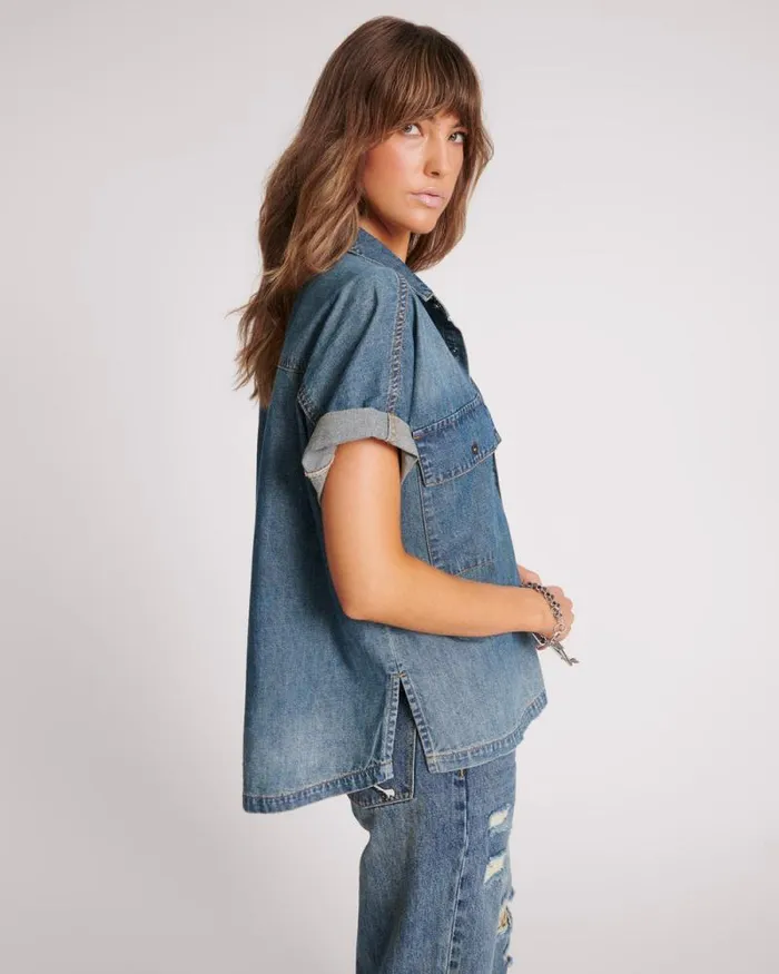 Women USED BLUE CUT OFF DENIM SHIRT One Teaspoon Denim Tops Women USED BLUE CUT OFF DENIM SHIRT One Teaspoon Denim Tops