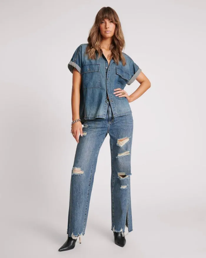 Women USED BLUE CUT OFF DENIM SHIRT One Teaspoon Denim Tops Women USED BLUE CUT OFF DENIM SHIRT One Teaspoon Denim Tops