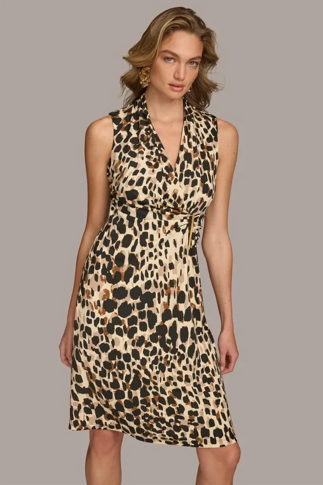 Women VNECK LEOPARD MIDI DRESS Black Multi Donna Karan New York Dresses And Jumpsuits