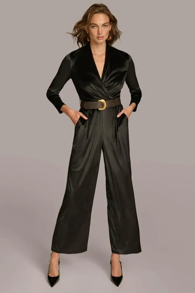 Women VELVET VNECK JUMPSUIT Black Donna Karan New York Dresses And Jumpsuits