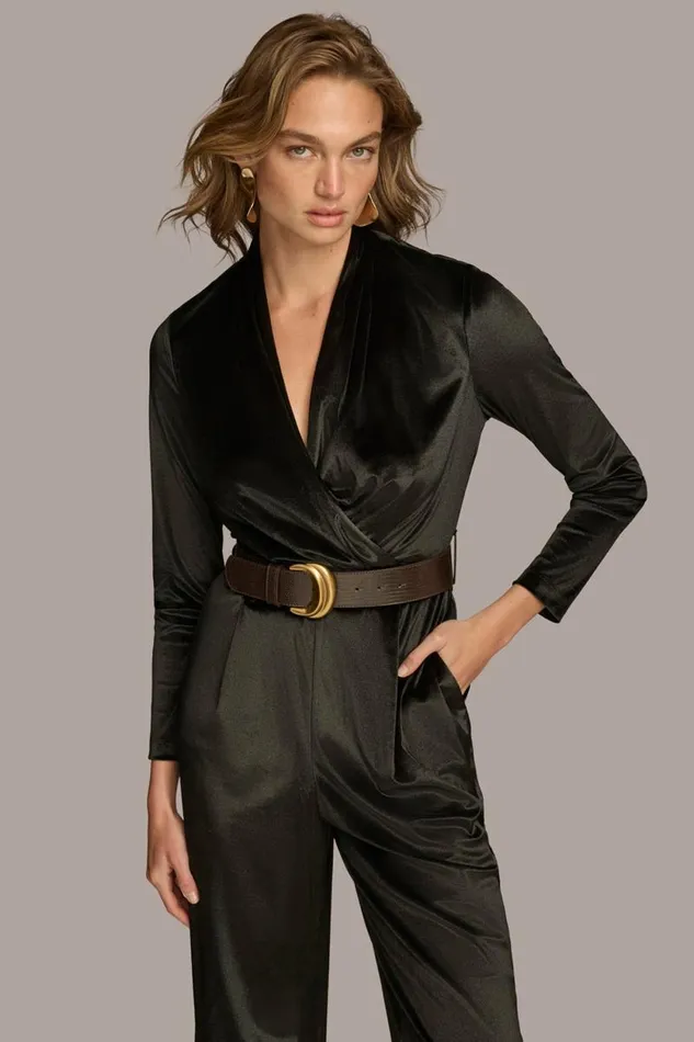 Women VELVET VNECK JUMPSUIT Black Donna Karan New York Dresses And Jumpsuits