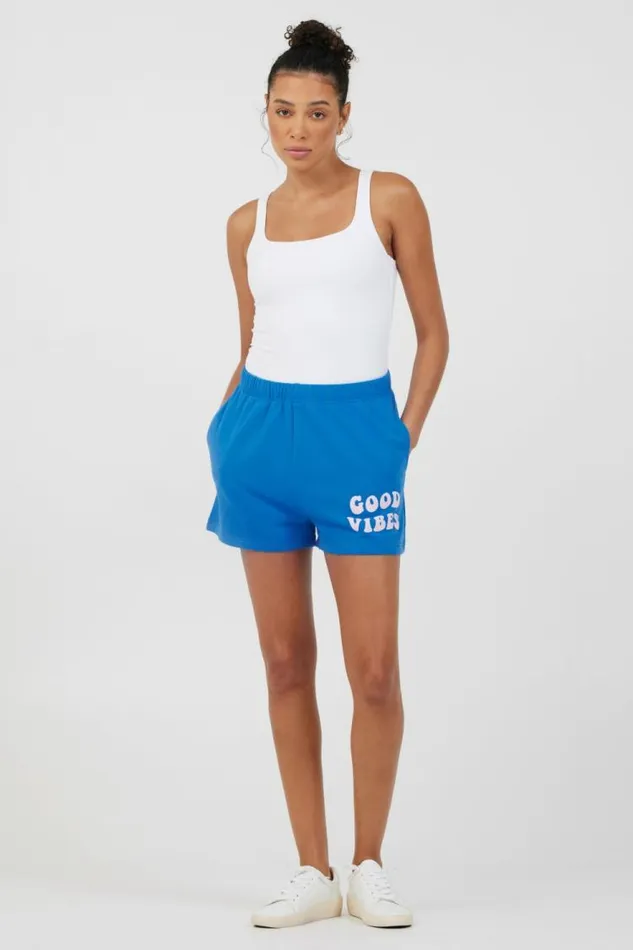 Women Vintage Havana All Bottoms Royal Blue W Pink Puff quotGood Vibesquot Surf Wash Shorts Royal Blue