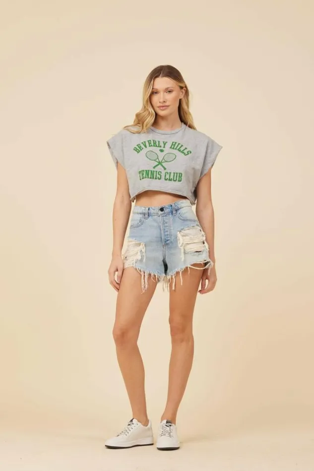 Women Vintage Havana Casual Tops Heather Grey W Green Printed Athletic Crop Top Heather Grey