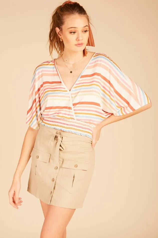 Women Vintage Havana Casual Tops Multi Striped Surplice Top Whitebright Multi