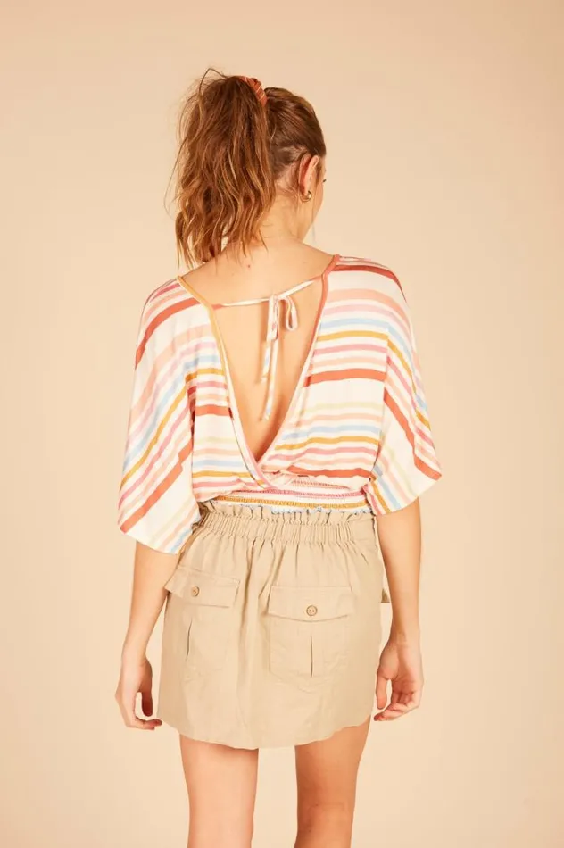 Women Vintage Havana Casual Tops Multi Striped Surplice Top Whitebright Multi