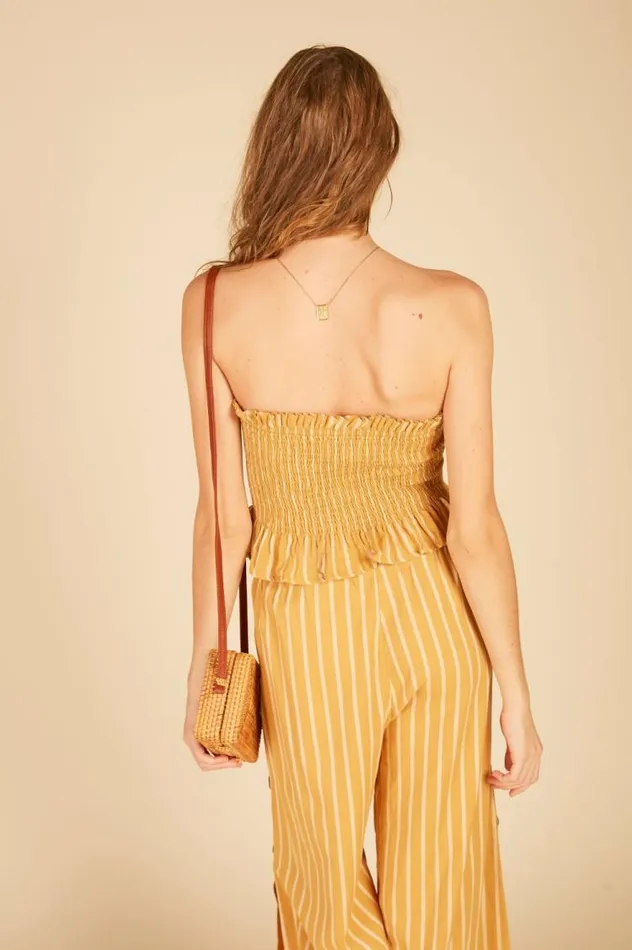 Women Vintage Havana Casual Tops Smocked Button Tube Top