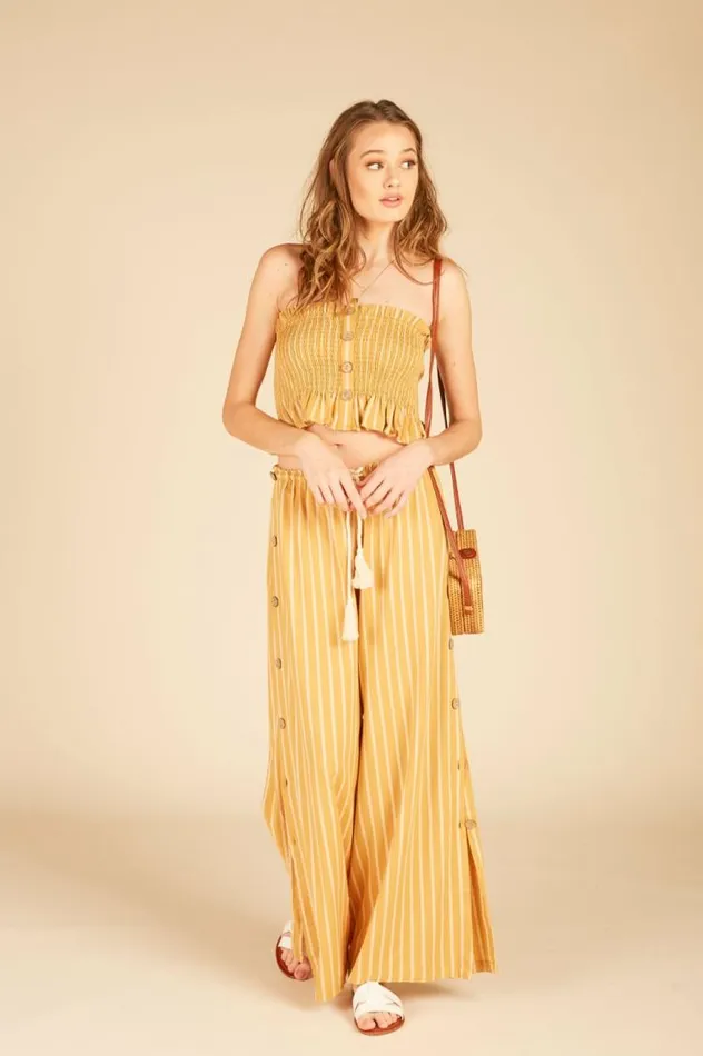 Women Vintage Havana Casual Tops Smocked Button Tube Top