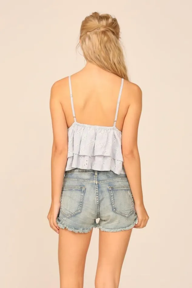 Women Vintage Havana Casual Tops VH X OD 8211 Chambray Blue W Ivory Eyelet Ruffle Tank Top Blue