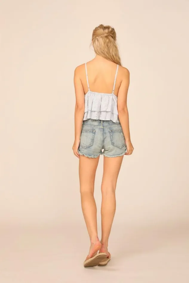 Women Vintage Havana Casual Tops VH X OD 8211 Chambray Blue W Ivory Eyelet Ruffle Tank Top Blue