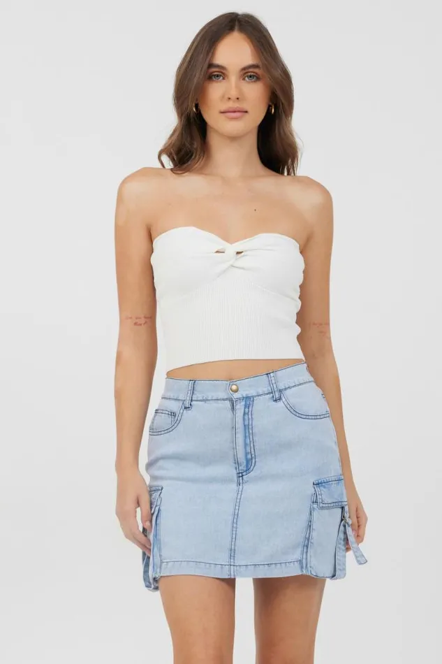 Women Vintage Havana Casual Tops White Rib Knit Twist Front Tube Top White