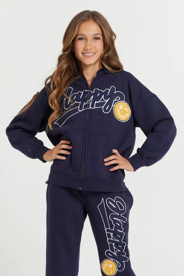 Women Vintage Havana Hoodies Kids Navy Full Zip Hoodie With Happy Smile Patched Embroidery Navy