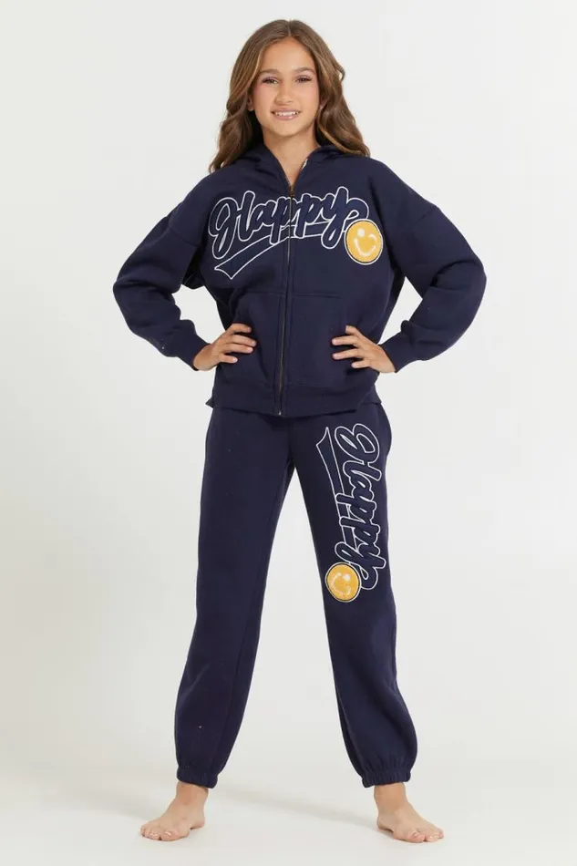 Women Vintage Havana Hoodies Kids Navy Full Zip Hoodie With Happy Smile Patched Embroidery Navy